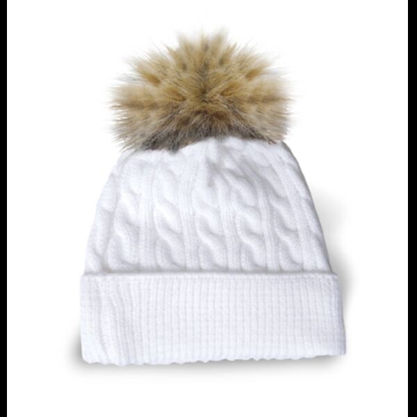 Aberdeen - Cable Knit Tuque With Cuff And Faux Fur Pom Pom Thumbnail